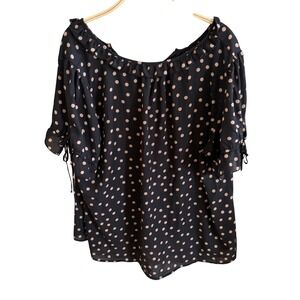 Tamara H. Womens 3X Polka Dot Blouse Black Tan Ruffle Neck Tie Sleeve Top